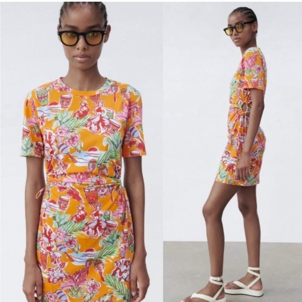Zara bongo tropical tshirt dress with cut outs on sides